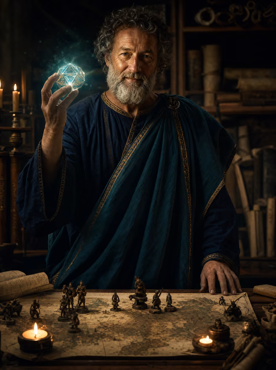 Illustrazione fantasy di un narratore che solleva un dado sopra una mappa