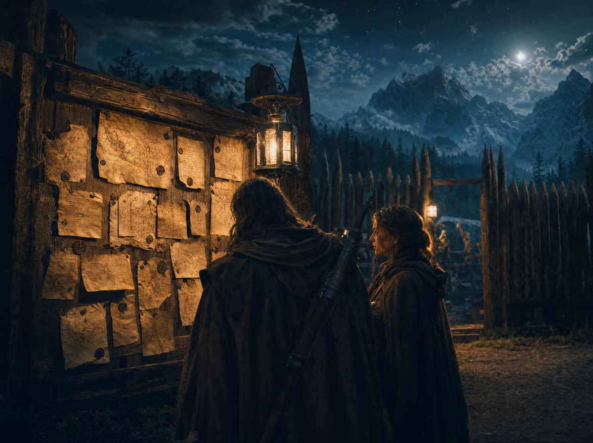 Avventurieri davanti alla bacheca di un avamposto fantasy